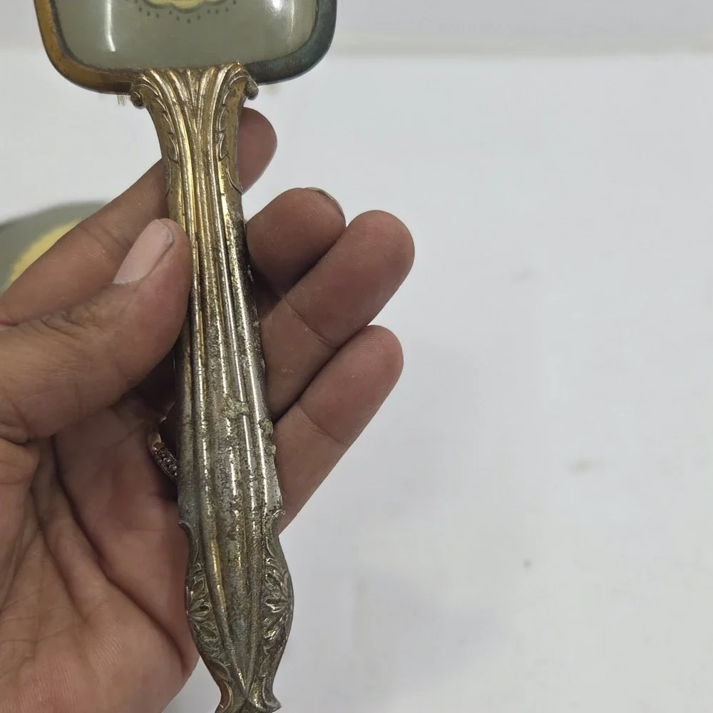 Vintage Antique Celluloid Dresser Set Hand Mirror Hair Brush Floral Vanity 2 Pc